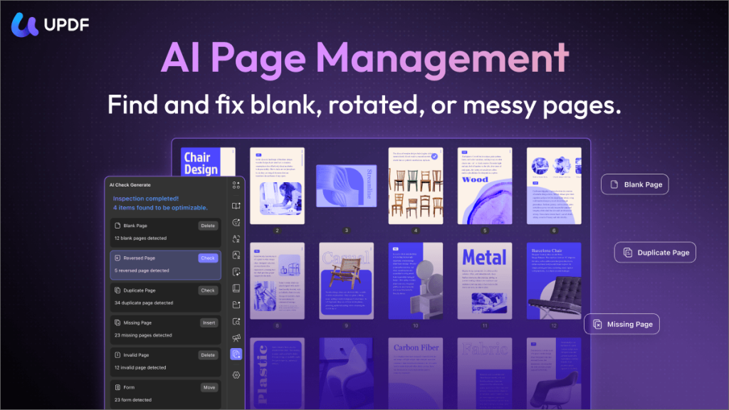 من موقع فون إسلام: تعرض واجهة البرنامج في برنامج Program UPDF أدوات الذكاء الاصطناعي لملفات PDF، حيث تعرض خيارات لاكتشاف الصفحات الفارغة والمكررة والمدورة والمفقودة إلى جانب الصور المصغرة للمستندات.