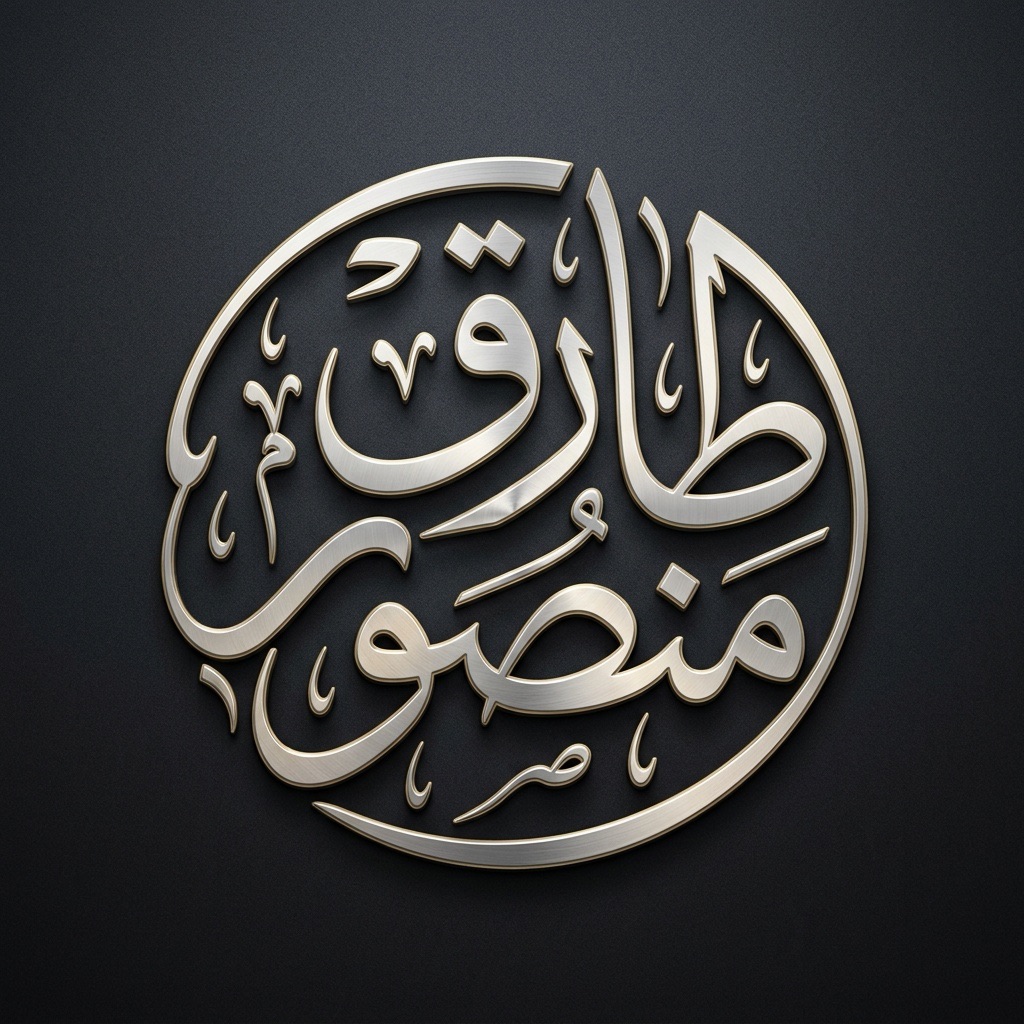 من موقع فون إسلام: عمل فني بالخط العربي بأسلوب معدني على خلفية داكنة، يعرض اسمي "طارق" و"منصور" في شكل بيضاوي، تم إنشاؤه باستخدام تطبيق فونجرام للمسة رقمية حديثة.