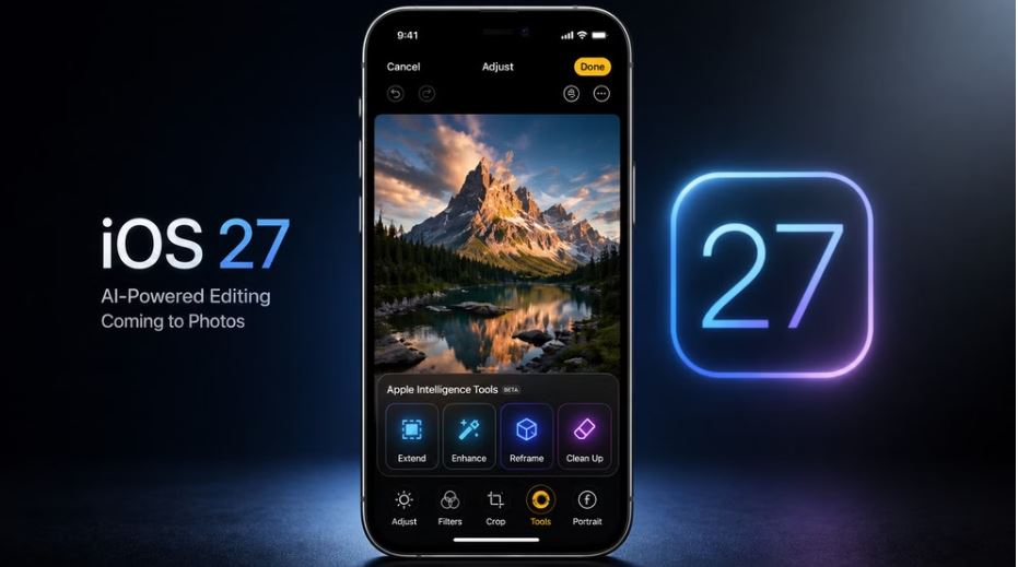من موقع فون إسلام: جهاز آيفون يعرض نظام التشغيل iOS 27 تعديل الصور بالذكاء الاصطناعي بأدوات متقدمة مدعومة بالذكاء الاصطناعي؛ نص يقول "نظام التشغيل iOS 27 التحرير المدعوم بالذكاء الاصطناعي قادم إلى الصور.