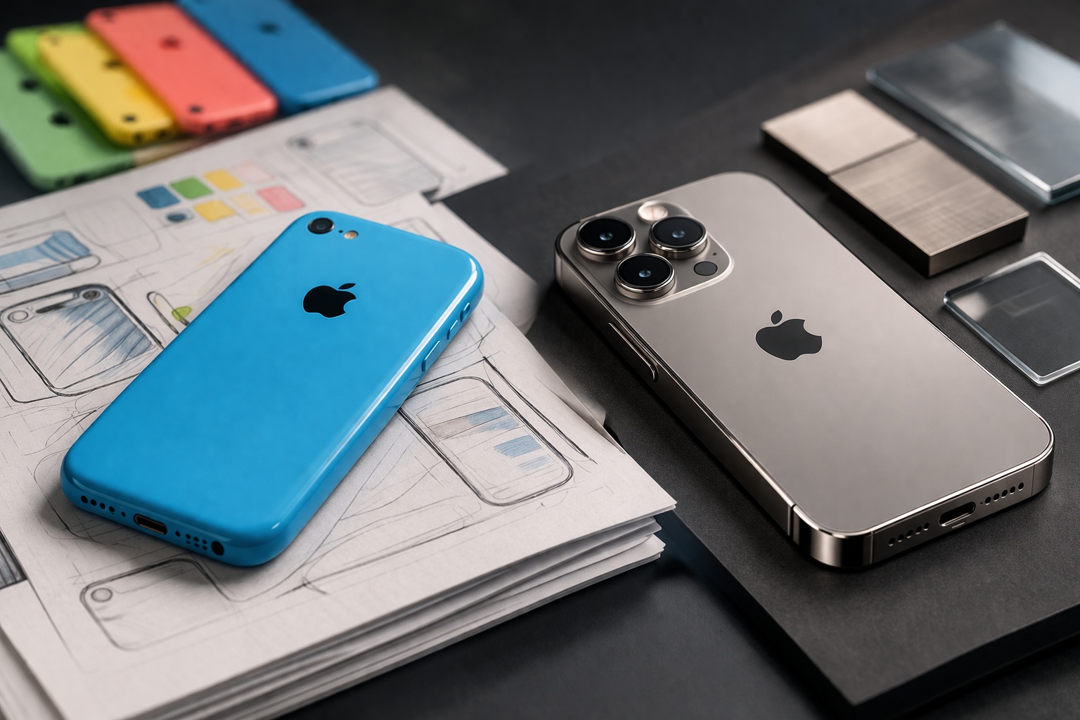 من موقع فون إسلام: تم وضع هاتف آبل آيفون أزرق اللون وآيفون فضي اللون مزود بثلاث كاميرات على الرسومات وعينات الألوان، مع وجود أغطية هواتف بلاستيكية ملونة أخرى بالقرب منه.