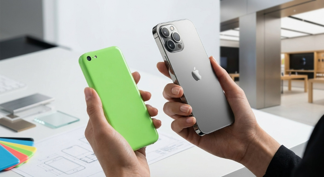 من موقع فون إسلام: شخص يحمل جهاز آي فون بلاستيكي أخضر (آي فون 5c) في يد وجهاز آبل آي فضي اللون في اليد الأخرى داخل متجر أبل.