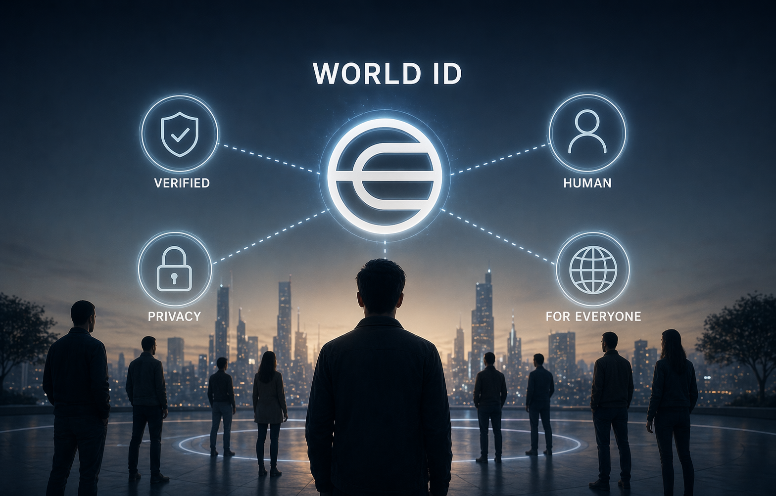 من موقع فون إسلام: يواجه الأشخاص الذين يظهرون في الصور الظلية رمز "الهوية العالمية" الكبير، مع رموز - "تم التحقق" و"الإنسان" و"الخصوصية" و"للجميع" - متصلة بخطوط، في إشارة إلى مشروع سام سام ألتمان العالمي، في أفق المدينة عند الغسق.