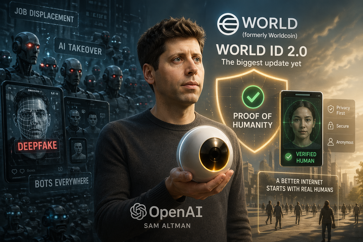 من موقع فون إسلام: رجل يحمل جهازاً مستقبلياً محاطاً بشاشات رقمية حول موضوعات الذكاء الاصطناعي مثل التزييف العميق وإزاحة الوظائف، ويروج لمشروع سام ألتمان العالمي وإثبات بشرية الإنسان.
