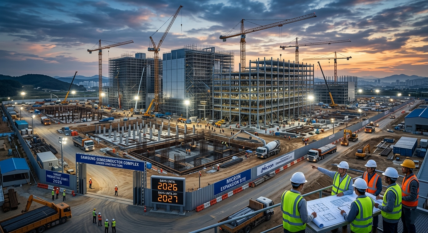 من موقع فون إسلام: موقع بناء كبير به رافعات وسقالات وعمال يرتدون معدات السلامة يستعرضون مخططات "مجمع سامسونج لأشباه الموصلات"، بهدف معالجة مشكلة نقص الذاكرة العالمية، مع لافتات تظهر تواريخ 2026 و2027.