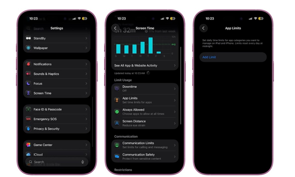 من موقع فون إسلام: تعرض ثلاثة أجهزة آيفون شاشات الإعدادات وإحصائيات وقت الشاشة وحدود التطبيقات في الوضع المظلم، وتكشف عن بيانات استخدام التطبيق وخيارات إضافة حدود زمنية - مثالية لاكتشاف أسرار الآي-فون في إدارة الوقت.