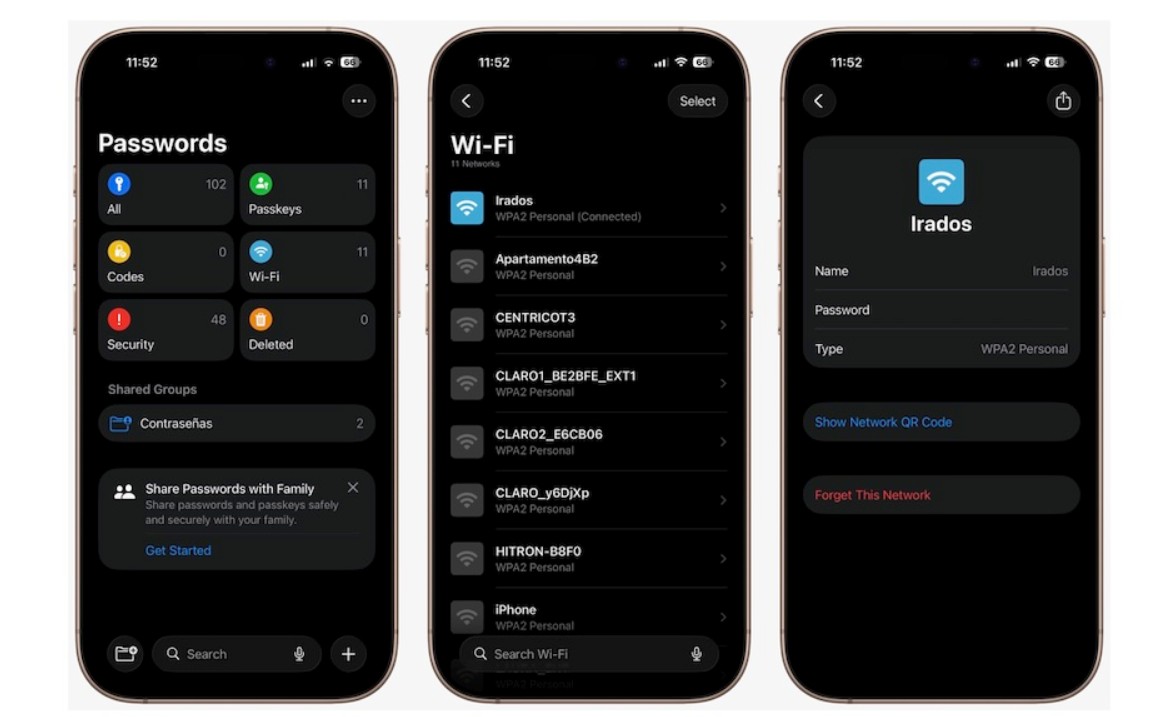 من موقع فون إسلام: تظهر ثلاث شاشات للهواتف الذكية في إدارة كلمات مرور شبكة Wi-Fi: الأولى تعرض فئات كلمات المرور، والثانية تسرد شبكات Wi-Fi المتاحة، والثالثة تعرض تفاصيل الشبكة المختارة "Irados.