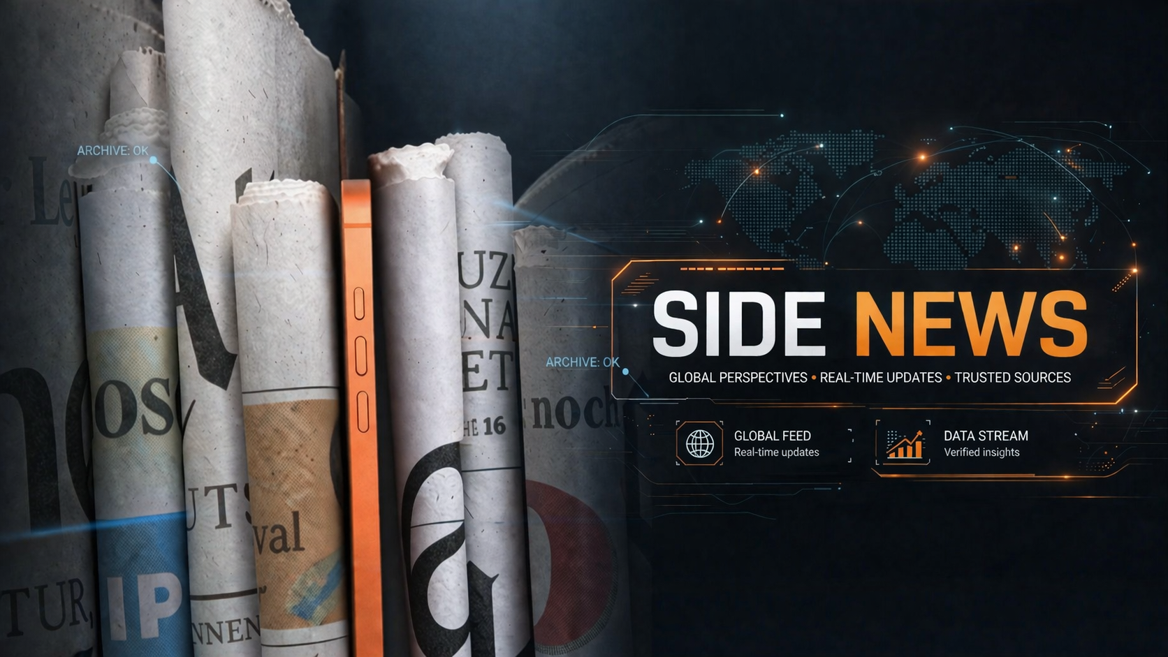 من موقع فون إسلام: الصحف المتداولة على اليسار مع واجهة إخبارية رقمية على اليمين تعرض "أخبار الجانب"، وتعرض تحديثات في الوقت الحقيقي، ورؤى تم التحقق منها، وتسليط الضوء على ابتكارات الآي-فون-فون القابل للطيفي.