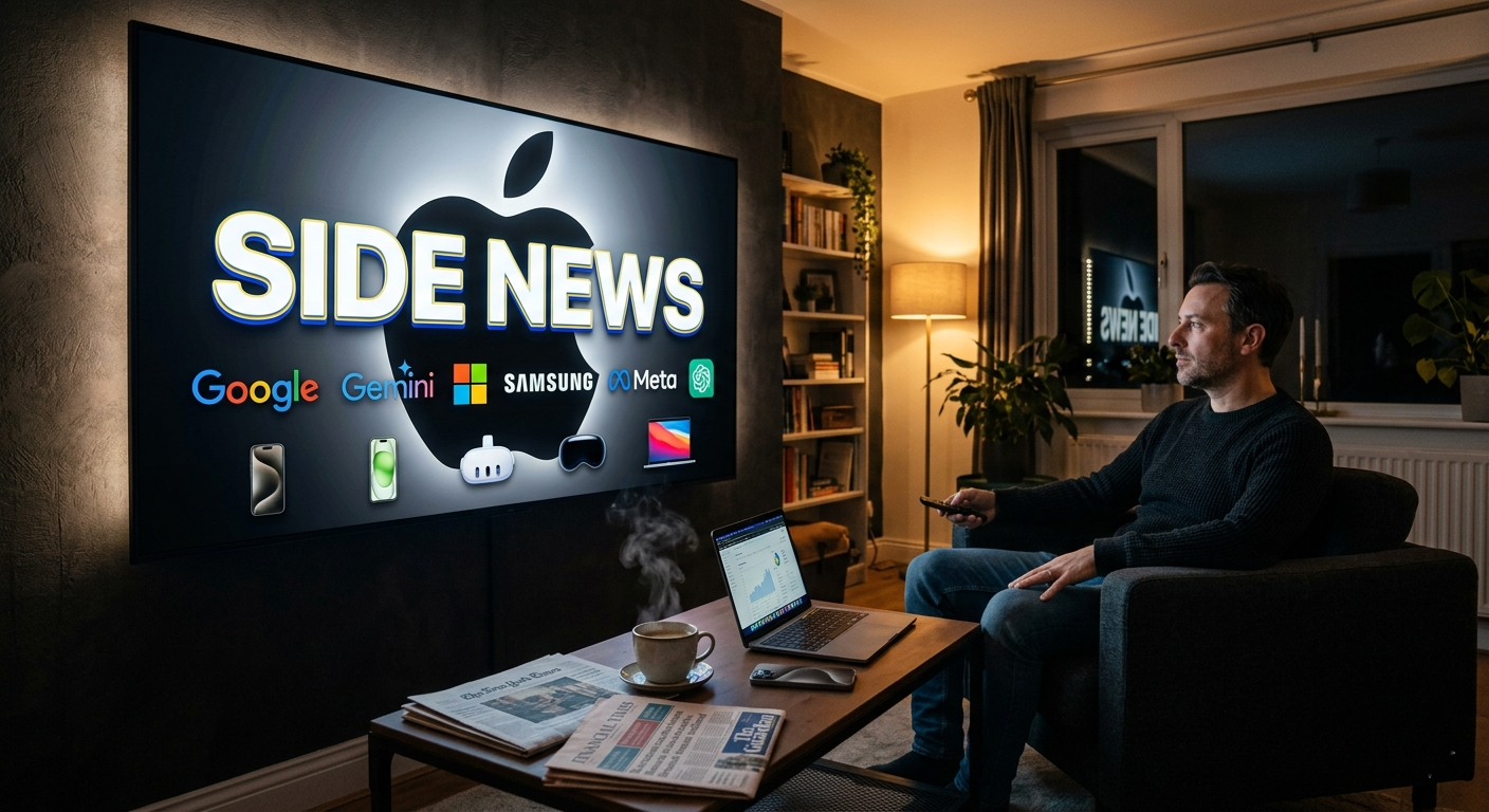 من موقع فون إسلام: رجل يجلس على أريكة يشاهد برنامج "SIDE NEWS" الذي يعرض شعارات شركات التكنولوجيا، وأمامه جهاز كمبيوتر محمول وقهوة ومفكرة على الطاولة استعدادًا لمتابعة أخبار التقنية الحديثة.