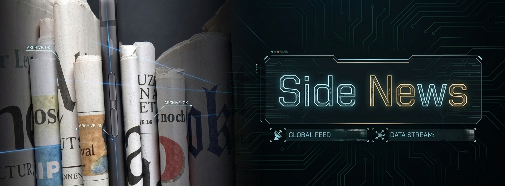 من موقع فون إسلام: كومة من الصحف الملفوفة على اليسار ورسم رقمي مكتوب عليه "أخبار جانبية" مع أيقونات للتغذية العالمية وتدفق البيانات على اليمين، مع تسليط الضوء على أخبار على الهامش وملخص الأسبوع التقنية في الأخبار العالمية.