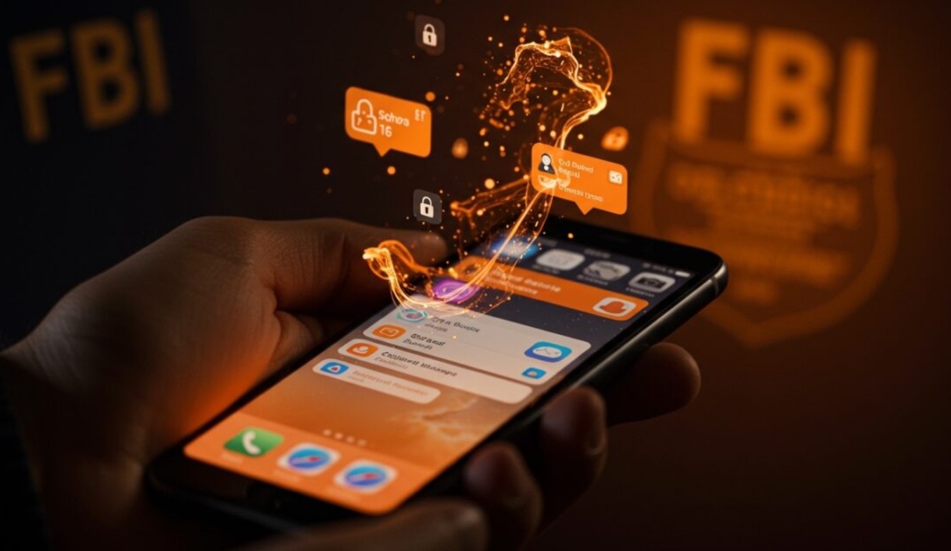 من موقع فون إسلام: يدٌ تحمل هاتفًا ذكيًا يعرض إشعارات التطبيقات والأقفال الرقمية، مع وجود شعارات مكتب التحقيقات الفيدرالي غير واضحة في الخلفية وتأثيرات ضوئية برتقالية دوارة فوق الهاتف، مما يسلط الضوء على ثغرات أمان يمكن أن تؤدي إلى التجسس على الرسائل.