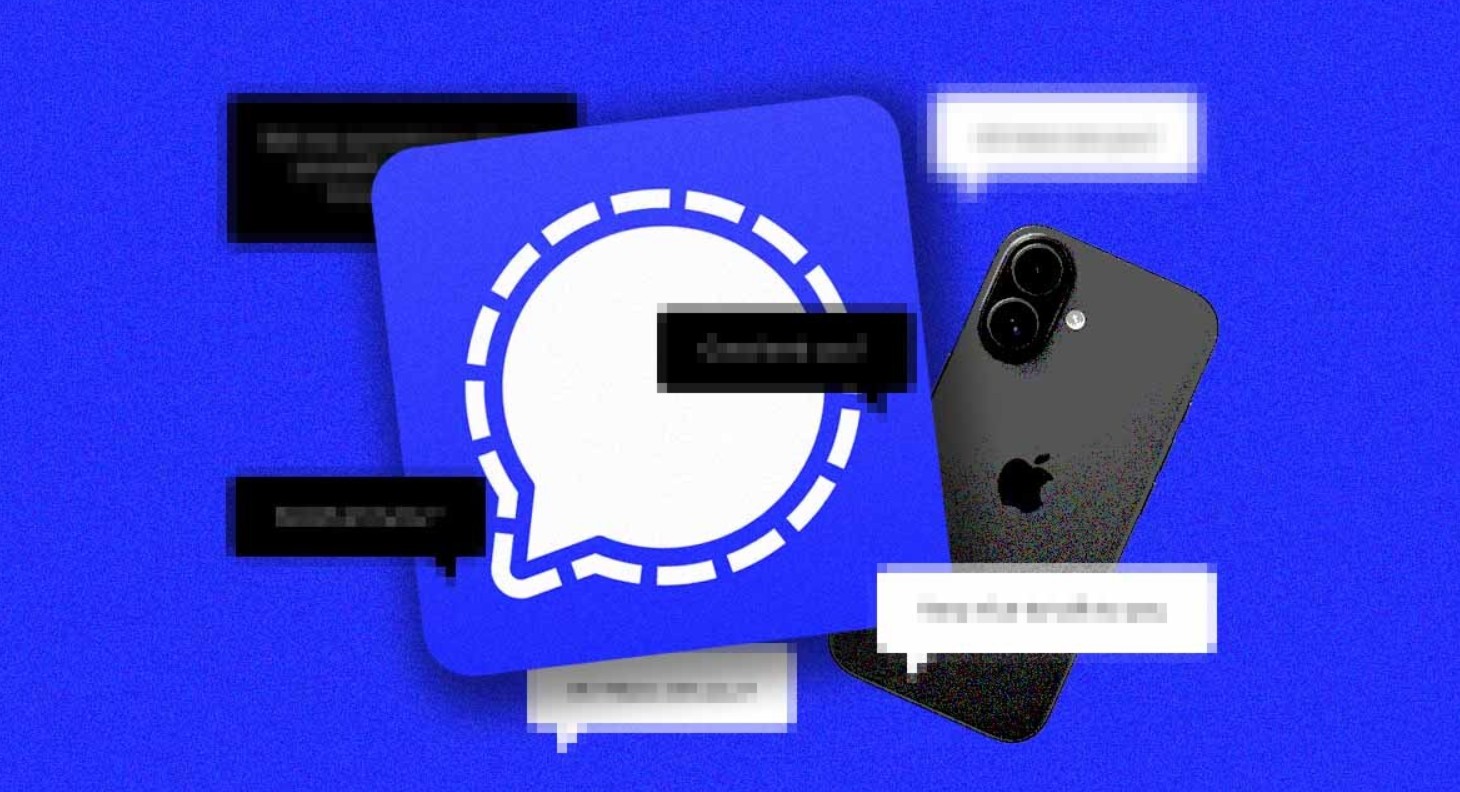 من موقع فون إسلام: أيقونة تطبيق Signal وجهاز آيفون أسود على خلفية زرقاء مع العديد من فقاعات رسائل الدردشة غير الواضحة، مما يشير إلى مخاوف بشأن ثغرة الآي فون وأهمية الخصوصية ضد الرسائل التجريبية.
