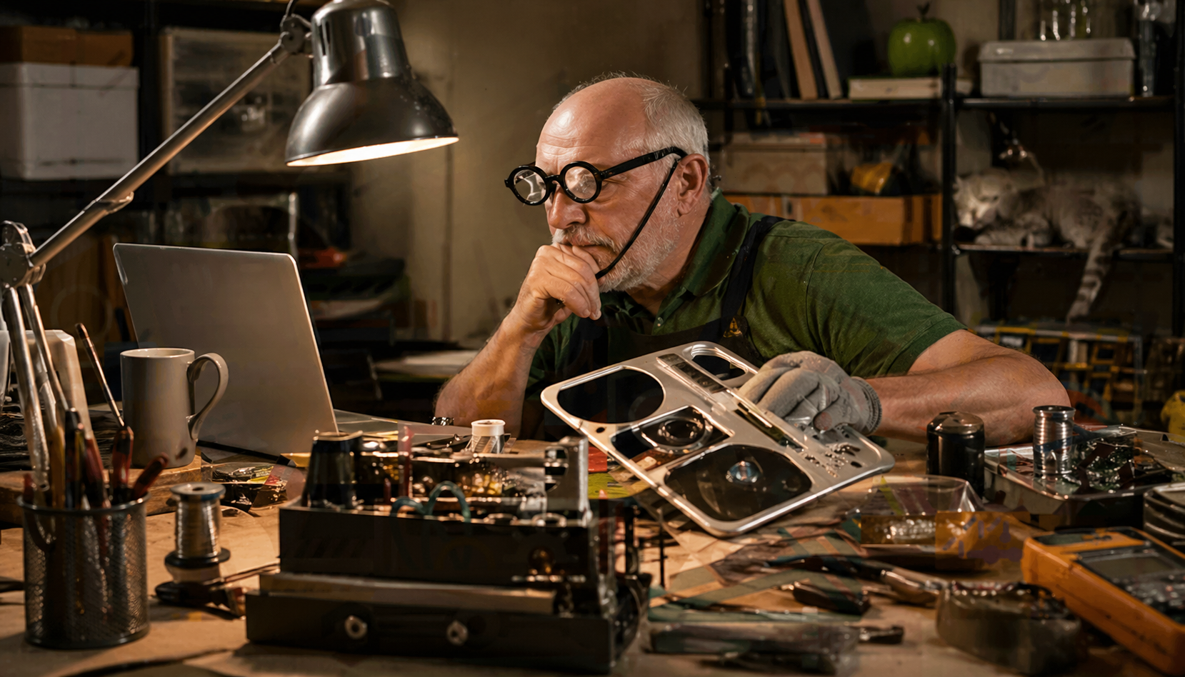 من موقع فون إسلام: رجل مسن يرتدي نظارة طبية يعمل على مكتب مبعثر، ويفحص علبة جهاز إلكتروني بينما يتفحص حاسوبه المحمول بحثًا عن نصائح حول تفعيل الصامت في أي-فون محاطًا بأدوات ومكونات إلكترونية.