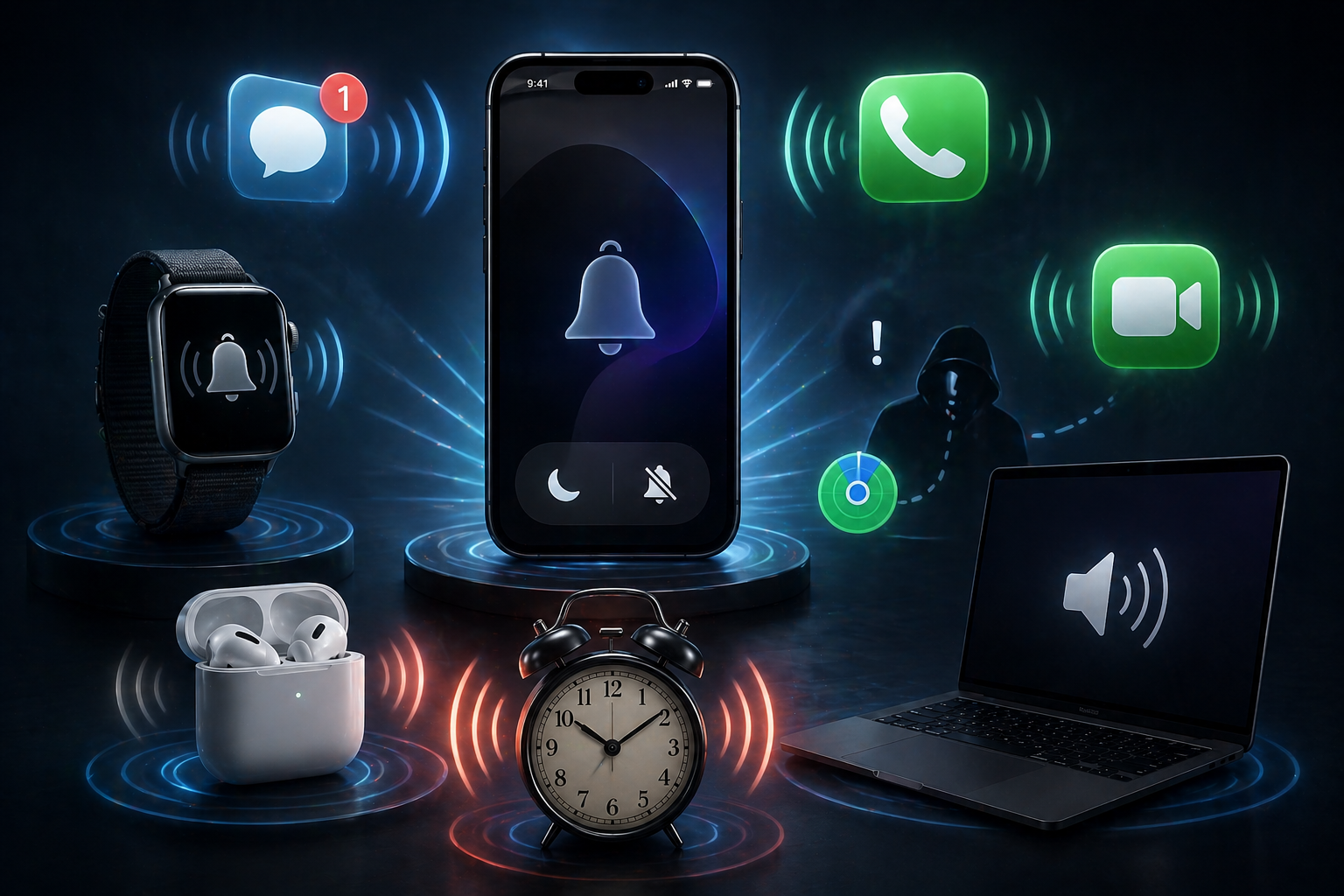 من موقع فون إسلام: يعرض الهاتف الذكي والساعة الذكية وسماعات الأذن والمنبه والكمبيوتر المحمول أيقونات الإشعارات والتنبيهات التي تبرز الوضع الصامت في أيقونة - أيقونة - محاطة جميعها برسومات الإشارة اللاسلكية، مع وجود شخصية مقنعة في الخلفية.