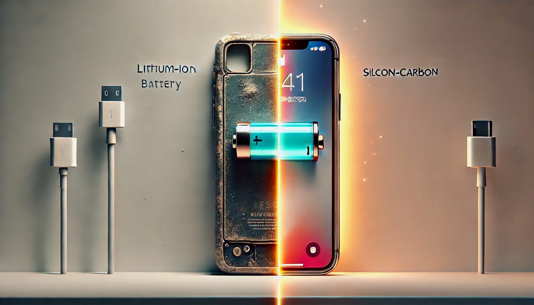 من موقع فون إسلام: ينقسم الهاتف الذكي إلى نصفين للمقارنة بين الليثيوم أيون وبطاريات السيليكون، مع وجود كبلين مختلفين للشحن على كل جانب.