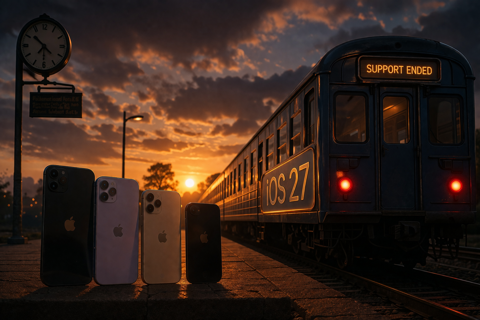 من موقع فون إسلام: أربعة أجهزة آيفون تقف على رصيف قطار عند غروب الشمس، وعلى مقربة منها قطار مكتوب عليه "تحديث iOS 27" و"انتهى الدعم"، وفي الخلفية ساعة ولافتة.