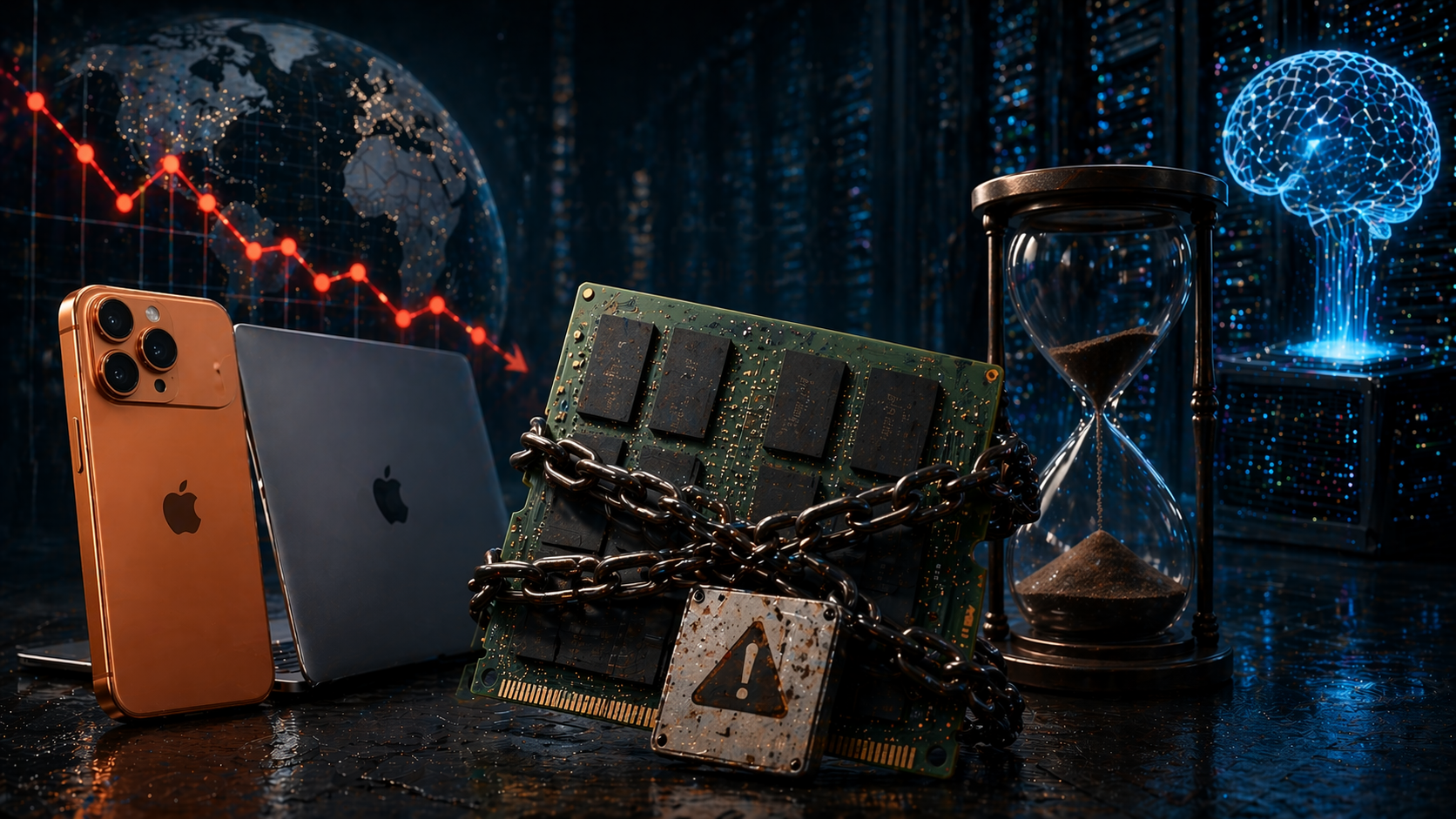 من موقع فون إسلام: لوحة دائرة كهربائية مقفلة مع علامة تحذيرية، محاطة بجهاز آيفون وجهاز ماك بوك وساعة رملية وعقل رقمي وكرة أرضية مع مخطط متناقص - على خلفية غرفة الخادم - توضح نقص الذاكرة العالمية.