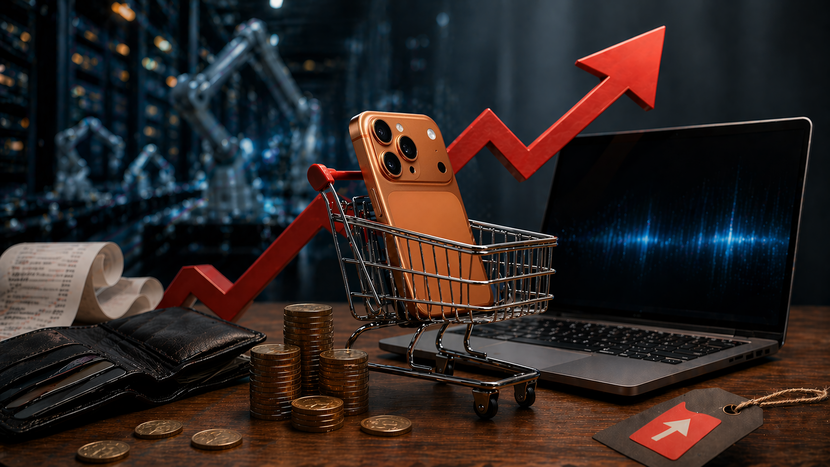 من موقع فون إسلام: يوجد هاتف ذكي في عربة تسوق بجانب عملات معدنية ومحفظة وجهاز كمبيوتر محمول وإيصال، مع وجود سهم أحمر لأعلى في الخلفية، يرمز إلى النمو المالي والتكنولوجيا وسط نقص في التكنولوجيا.