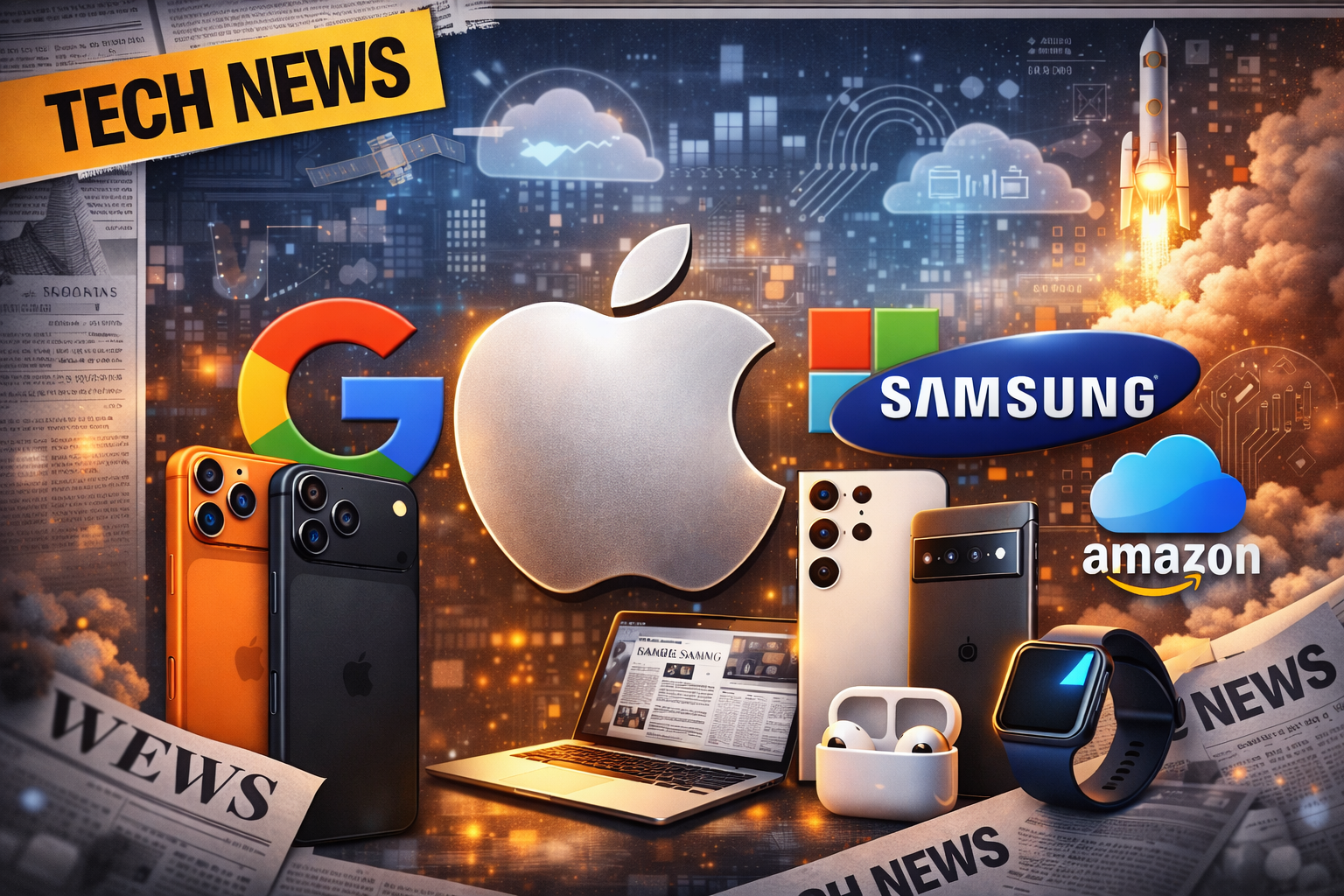 من موقع فون إسلام: مجموعة من شعارات شركات التكنولوجيا (آبل وجوجل وسامسونج وأمازون) وأجهزة مثل الهواتف الذكية والكمبيوتر المحمول والساعة الذكية وسماعات الأذن، محاطة بإطار من الصحف مع عناوين "أخبار التقنية الأسبوعية".