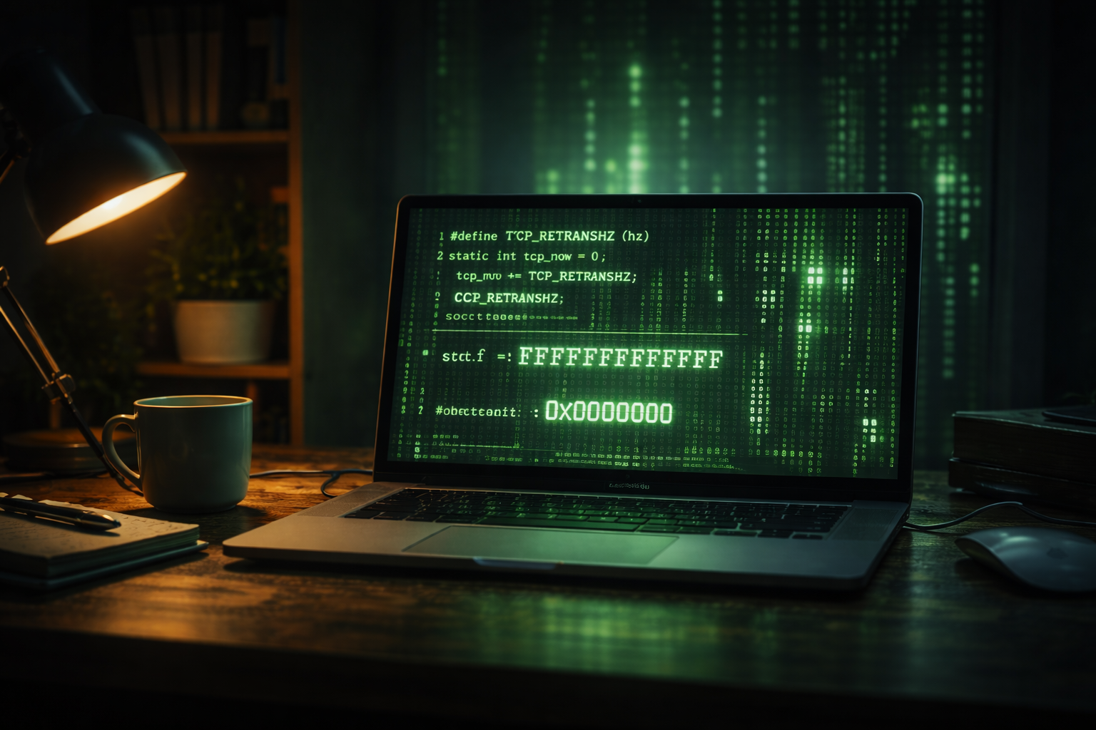 من موقع فون إسلام: يعرض جهاز كمبيوتر محمول على مكتب رمزًا أخضر وقيمًا سداسية عشرية باللون الأخضر، مع وجود فنجان قهوة ومصباح وكتب في خلفية غرفة ذات إضاءة خافتة.