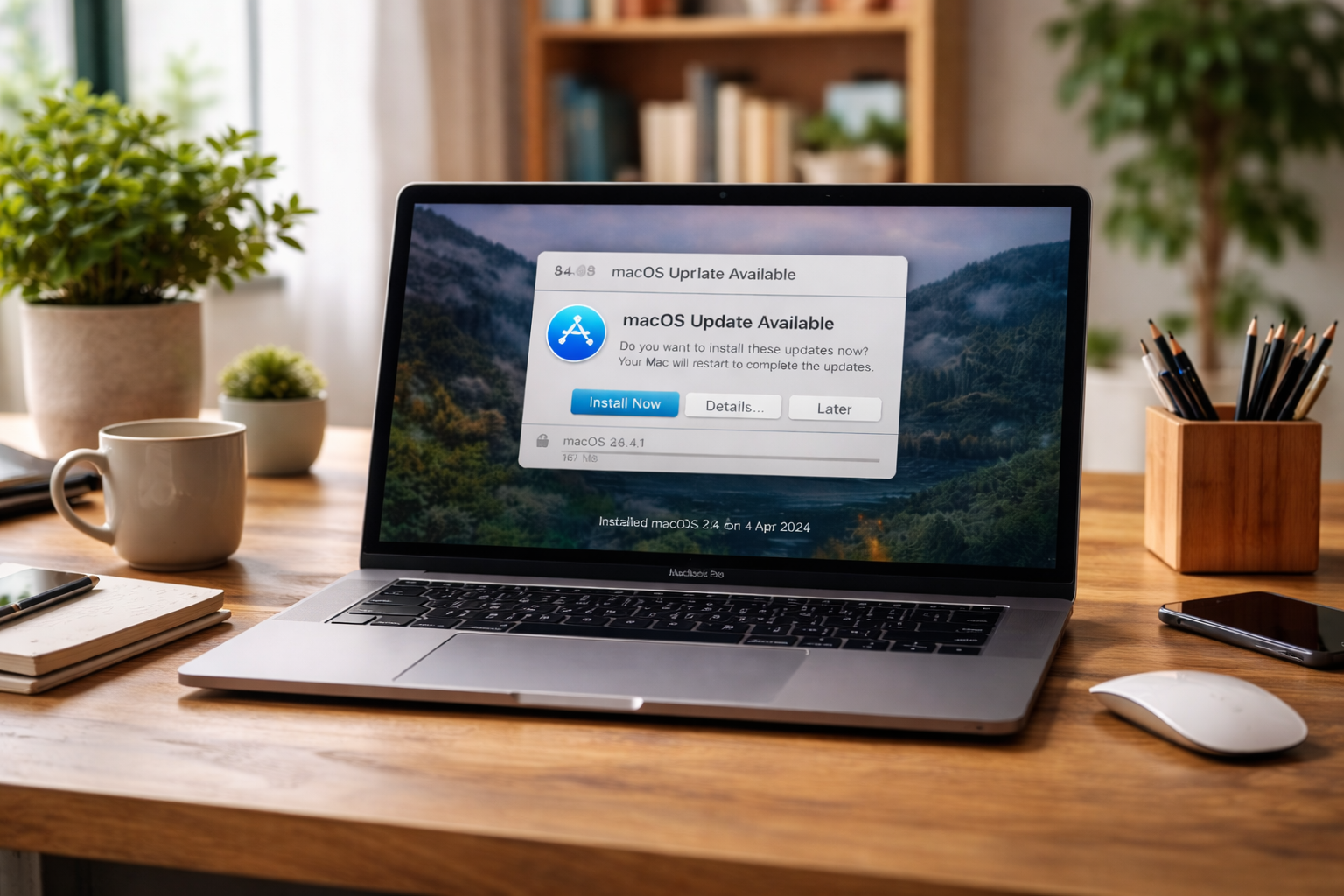 من موقع فون إسلام: يعرض جهاز كمبيوتر محمول على مكتب إشعار "تحديث macOS متاح"، مما يشير إلى احتمال وجود خطأ نظام ماك. تشمل مساحة العمل القهوة والنباتات والقرطاسية.