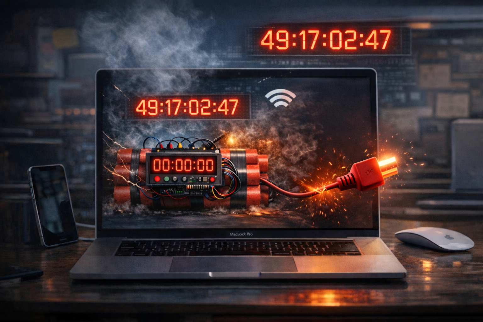 من موقع فون إسلام: تعرض شاشة كمبيوتر محمول قنبلة رقمية مع مؤقت وأسلاك وسلك غير موصول ينبعث منه دخان - مما يوحي بموضوع الإنترنت أو القرصنة. في الأعلى، هناك مؤقت عد تنازلي كبير يتناقص بينما يومض تنبيه: خطأ نظام ماك.