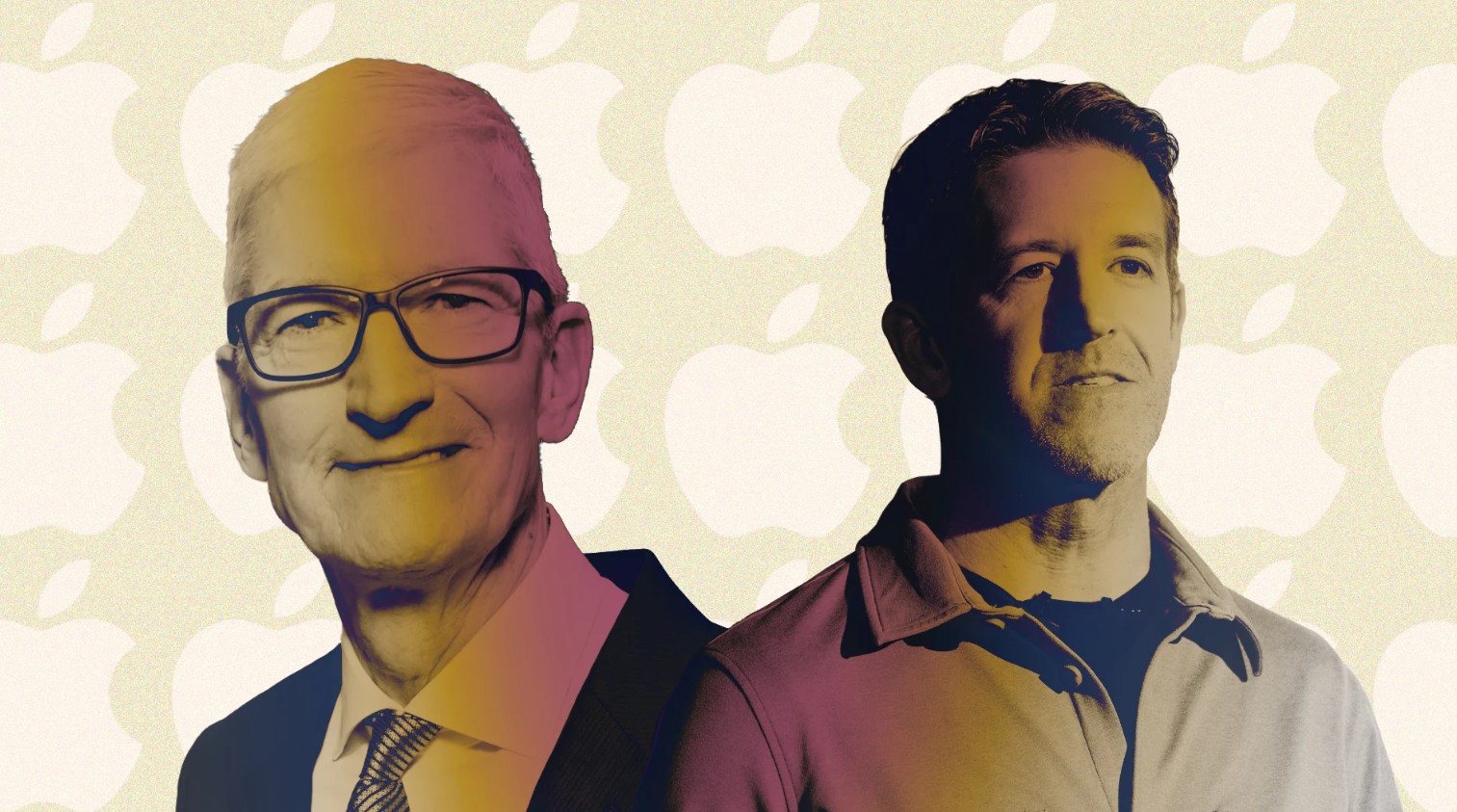 من موقع فون إسلام: رجلان يقفان جنبًا إلى جنب أمام خلفية عليها شعارات آبل متكررة. أحدهما يرتدي بدلة ونظارات؛ والآخر، ربما يكون جون توسيرن، يرتدي قميصاً بياقة.