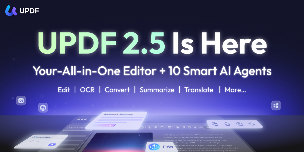 من موقع فون إسلام: لافتة ترويجية تعلن عن الإصدار 2.5 من UPDF 2.5، الذي يتميز بتحرير ملفات PDF المتكاملة و10 عوامل الذكاء الاصطناعي مع وظائف مثل التحرير والتعرف الضوئي على الحروف والتحويل والتلخيص والتلخيص والترجمة.