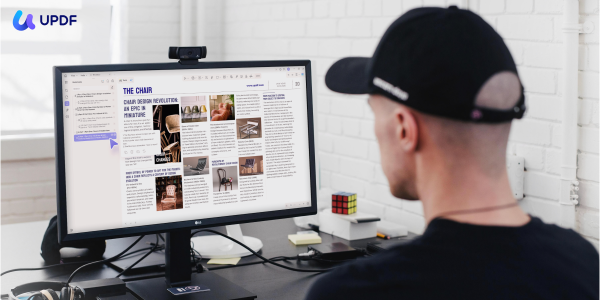 من موقع فون إسلام: شخص يرتدي قبعة سوداء يجلس على مكتب ويستخدم جهاز كمبيوتر مكتبي لقراءة مقال عن الكراسي على برنامج UPDF، حيث يظهر إمكانيات الذكاء الاصطناعي إدارة،، ظهور شعار شعار تحديث على الشاشة يظهر إمكانيات الذكاء الاصطناعي في إدارة ملفات pdf، مع ظهور شعار تحديث على الشاشة.