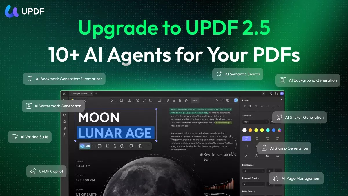 من موقع فون إسلام: لقطة شاشة ترويجية لبرنامج UPDF 2.5، تعرض إدارة ملفات PDF بذكاء مع أكثر من 10 من 10 وكلاء الذكاء الاصطناعي، تشمل التلخيص، البحث الدلالي، وتوليد الخلفيات والعلامات المائية وأدوات الكتابة.