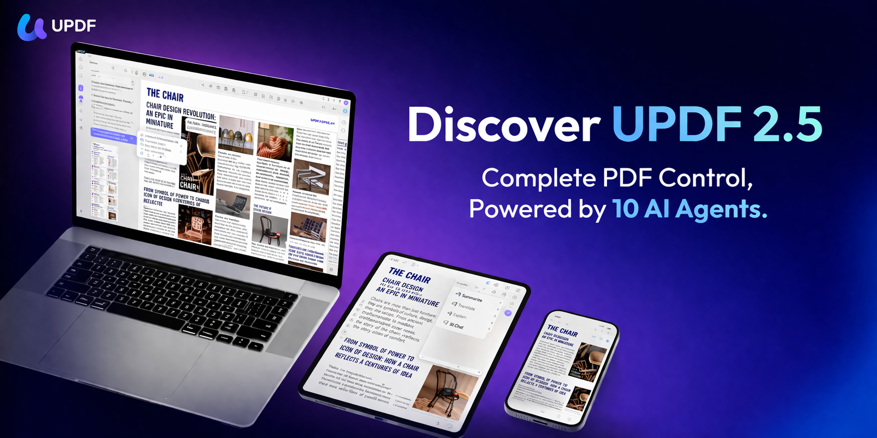 من موقع فون إسلام: UPDF 2.5 معروض على جهاز كمبيوتر محمول وجهاز لوحي وهاتف ذكي مع نص: "اكتشف UPDF 2.5. أكمل إدارة ملفات PDF، مدعوم من الذكاء الاصطناعي و10 وكلاء ذكاء اصطناعي." على خلفية أرجوانية.
