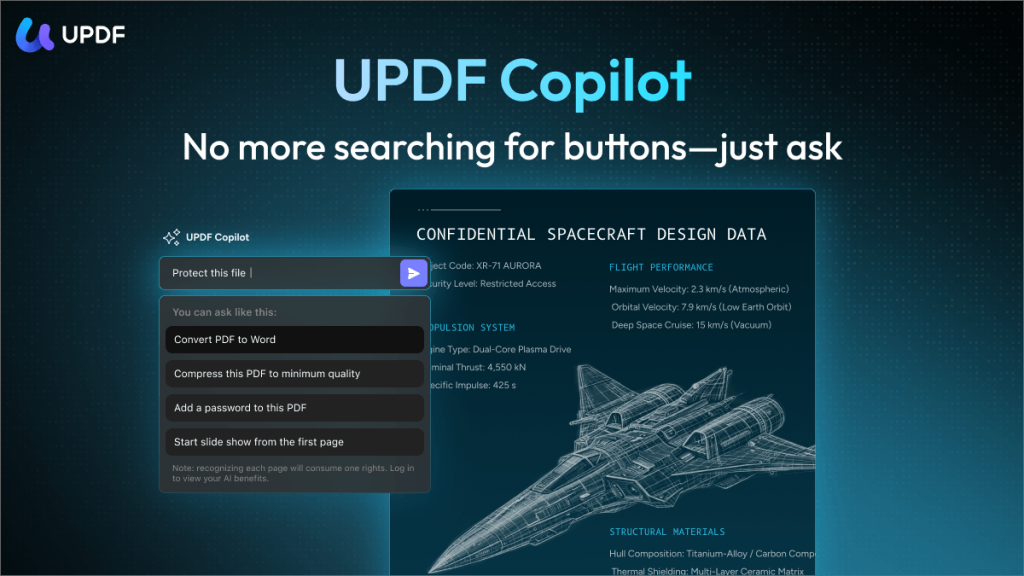 من موقع فون إسلام: لقطة شاشة لواجهة برنامج "برنامج يودف كوبيلوت" التي تظهر فيها واجهة برنامج "برنامج يودف كوبيلوت" التي تظهر فيها "آدكتي" في مربع دردشة لإدارة ملفات PDF على اليسار، ووثيقة تصميم مركبة فضائية تقنية معروضة على اليمين.