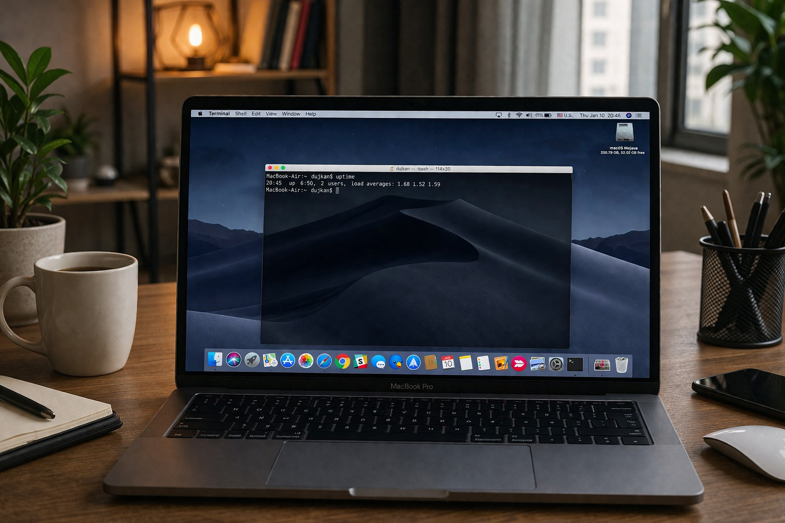 من موقع فون إسلام: يعرض جهاز MacBook Pro على مكتب خشبي نافذة طرفية تحتوي على معلومات النظام ونظام ماك؛ وبالقرب منه دفتر ملاحظات وقلم وهاتف ذكي وكوب قهوة.