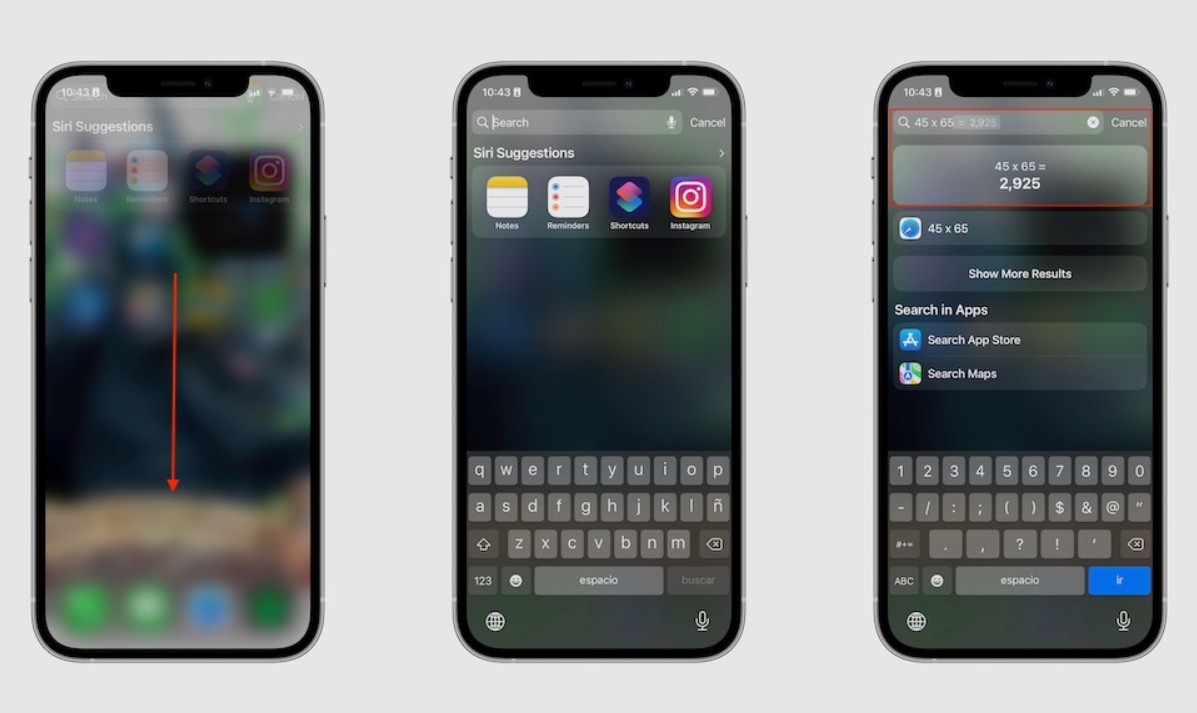 من موقع فون إسلام: ثلاثة أجهزة آيفون تكشف عن أسرار الآي-فون من خلال عرض خاصية البحث: التمرير لأسفل على الشاشة الرئيسية، وإدخال استعلام، وعرض نتائج البحث عن "45 × 65 = 2925.