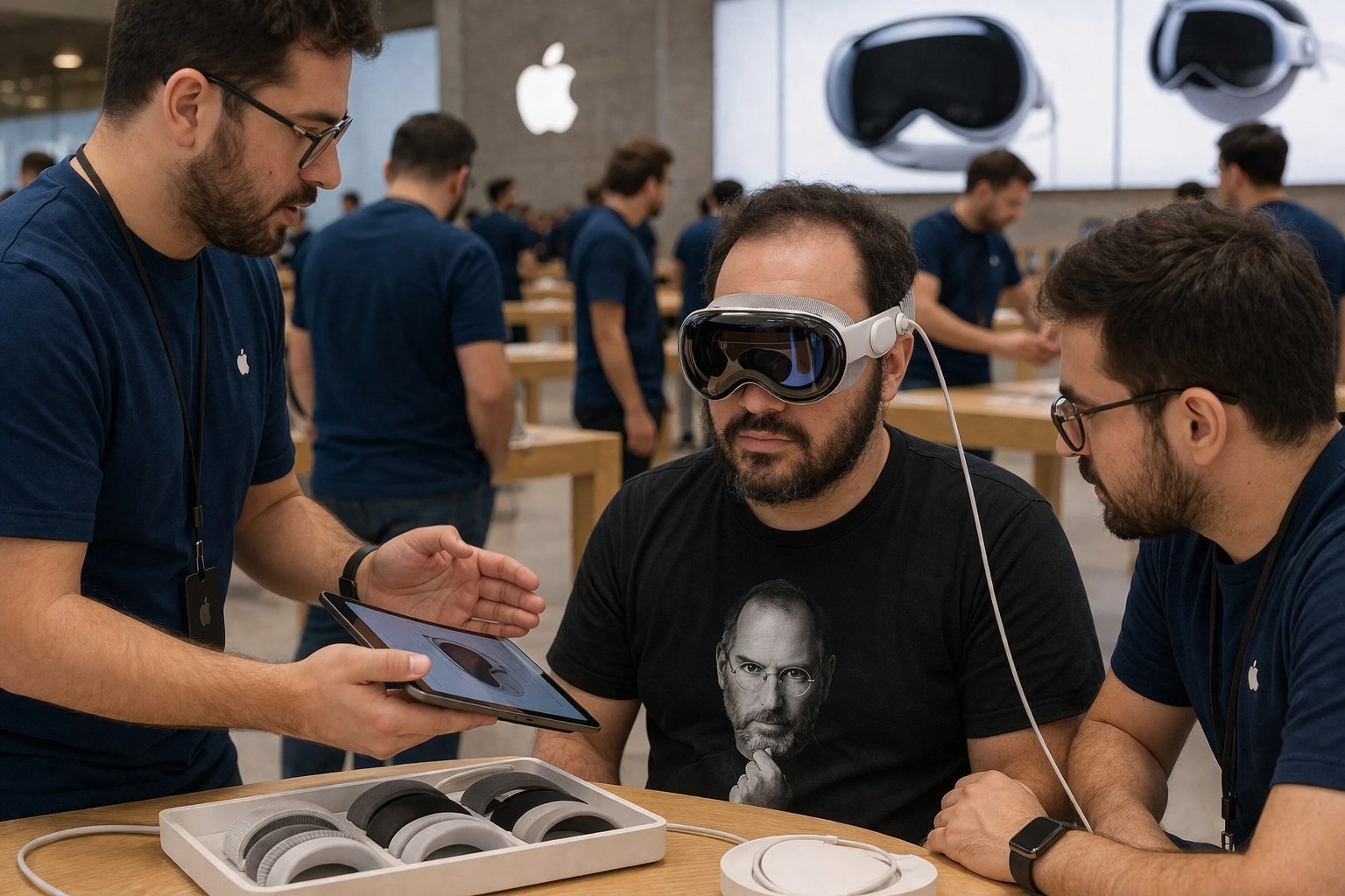 من موقع فون إسلام: رجل يرتدي سماعة رأس آبل فيجن برو يجلس على طاولة بينما يساعده اثنان من موظفي متجر Apple، وتوجد ملحقات سماعة الرأس وجهاز لوحي على الطاولة.