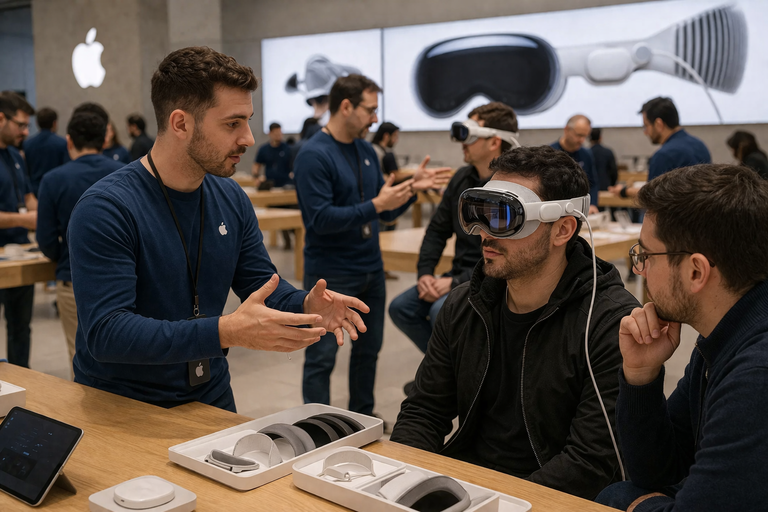 من موقع فون إسلام: مجموعة من الأشخاص في أحد متاجر Apple يتفاعلون مع سماعات الواقع الافتراضي؛ حيث يرتدي شخص واحد سماعة رأس بينما يراقب الآخرون الجهاز ويناقشونه.