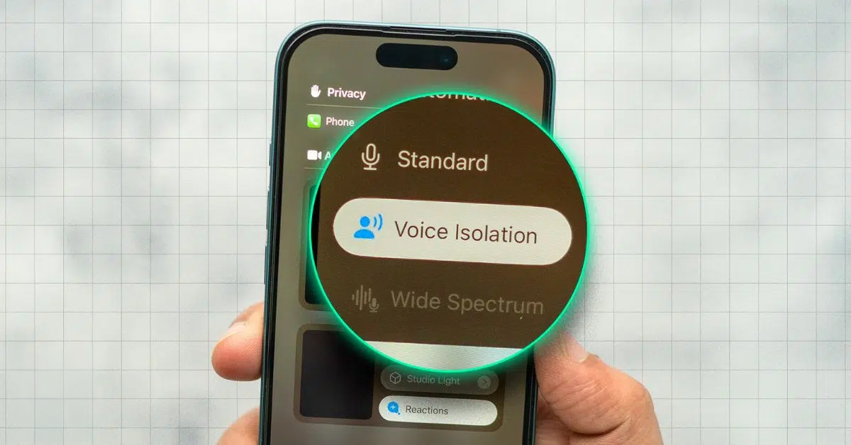 من موقع فون إسلام: تعرض شاشة الهاتف الذكي خيار وضع الميكروفون "عزل الصوت"، مع إبراز خيار "عزل الصوت" في قائمة منسدلة، مع ظهور إعدادات الصوت الأخرى بشكل جزئي.