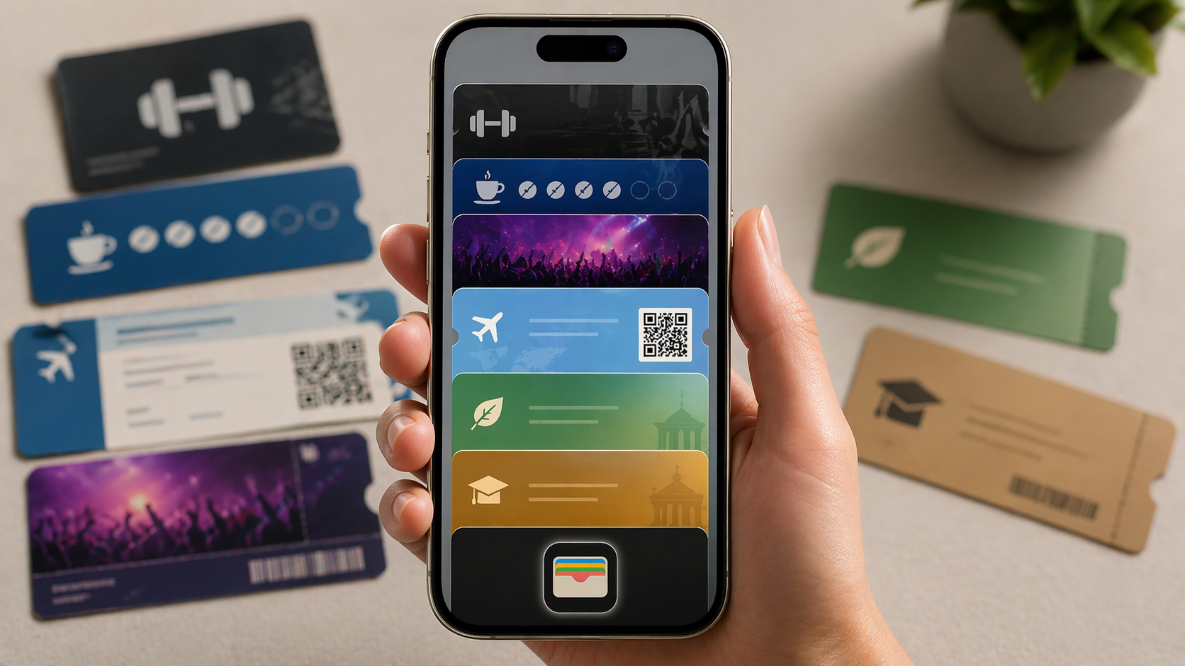 من موقع فون إسلام: يدٌ تحمل هاتفًا ذكيًا يعرض بطاقات رقمية لأنشطة مختلفة على نظام iOS 27؛ وتنتشر العديد من البطاقات المادية الملونة على طاولة في الخلفية.
