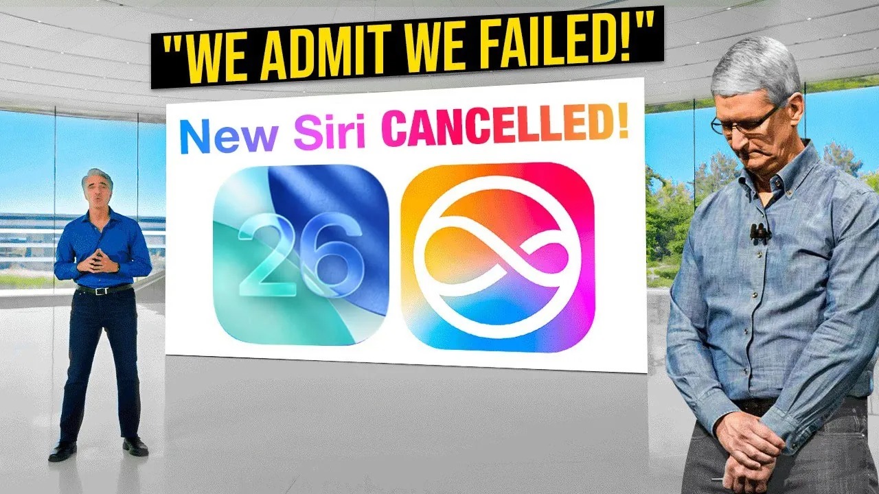 من موقع فون إسلام: يظهر رجل في غرفة حديثة مع شاشة تظهر عليها عبارة "تم إلغاء سيري الجديد!" وأيقونتان للتطبيق، بينما يقف رجل آخر محني الرأس، ويوجد عنوان عريض مكتوب عليه "نعترف بفشلنا!" بعد انتكاسة تحديث سيري iOS 27.
