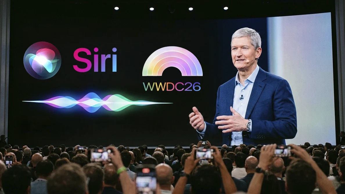 من موقع فون إسلام: شخص يتحدث على خشبة المسرح في مؤتمر تقني مع عرض شعارات Siri وWWWDC26 على شاشة كبيرة في الخلف، بينما يلتقط الجمهور صوراً، مسلطاً الضوء على تحديث سيري المنتظر لنظام iOS 27.