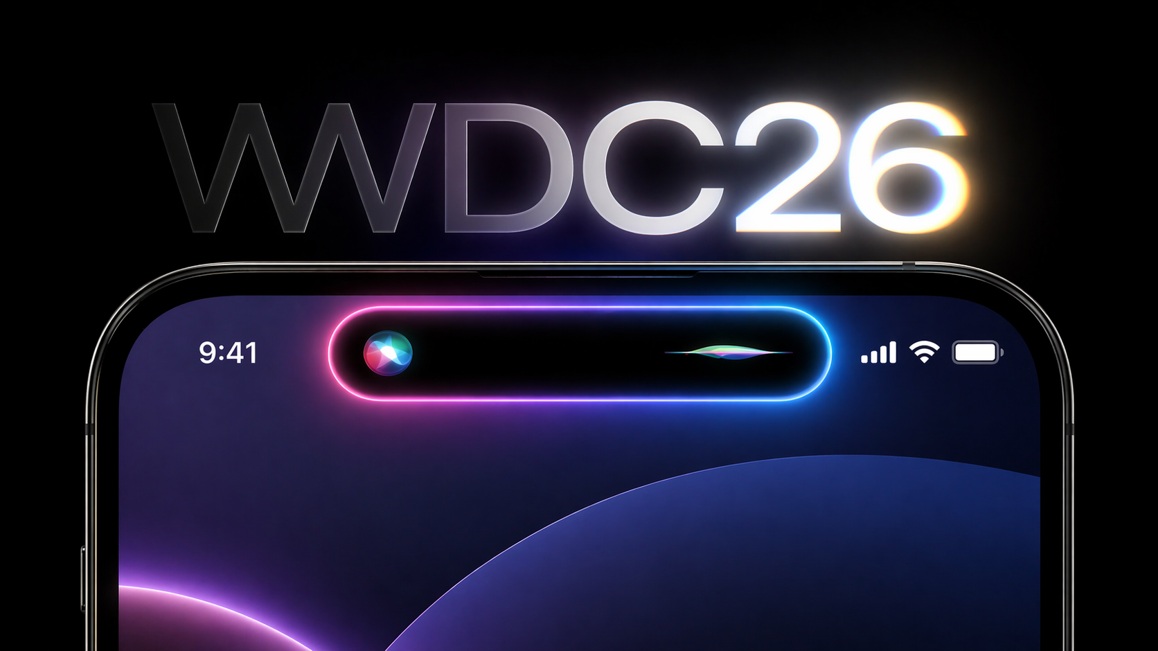 من موقع فون إسلام: لقطة مقرّبة لشاشة هاتف ذكي مع واجهة Siri من نظام iOS 27 وسيري، تحت نص كبير مكتوب عليه "WWDC26" على خلفية سوداء.