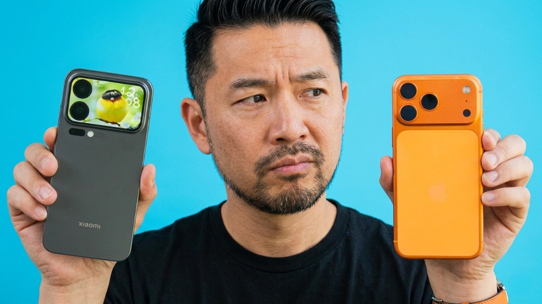 من موقع فون إسلام: رجل يحمل هاتف شاومي أسود اللون في يده اليسرى وهاتف برتقالي، يشبه الآي-فون في يده اليمنى، ويظهر الجهازان على خلفية زرقاء.