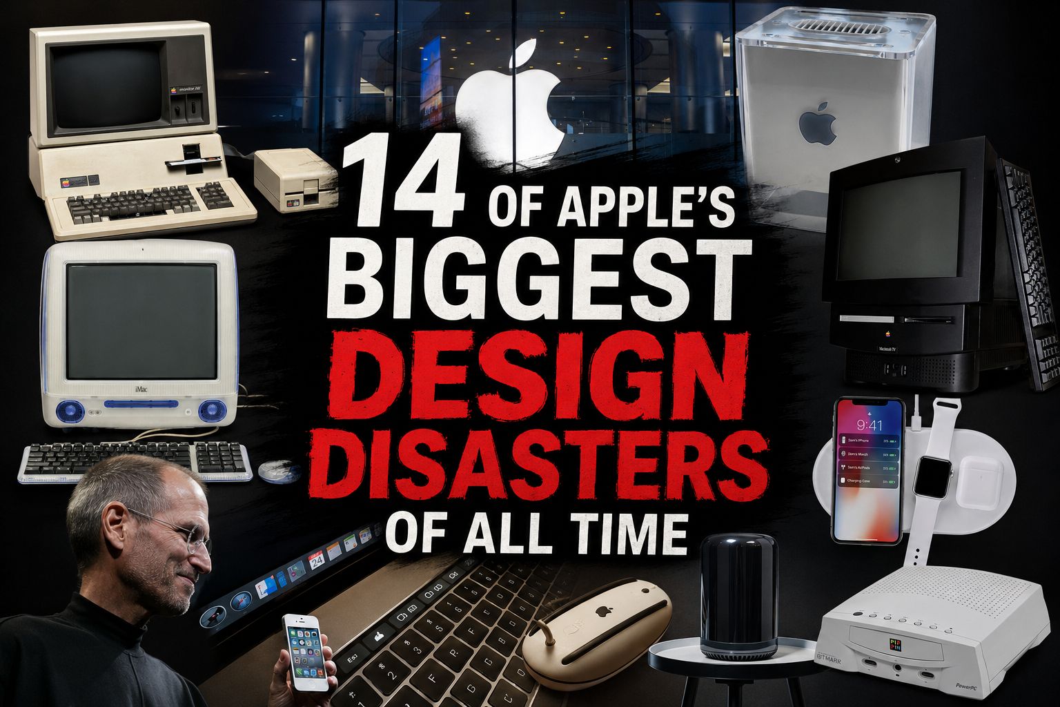 من موقع فون إسلام: مجموعة من منتجات Apple المختلفة مع نص "14 من أكبر كوارث تصميم Apple في كل العصور" و"كوارث تصميم آبل" معروضة بخط عريض في المنتصف.