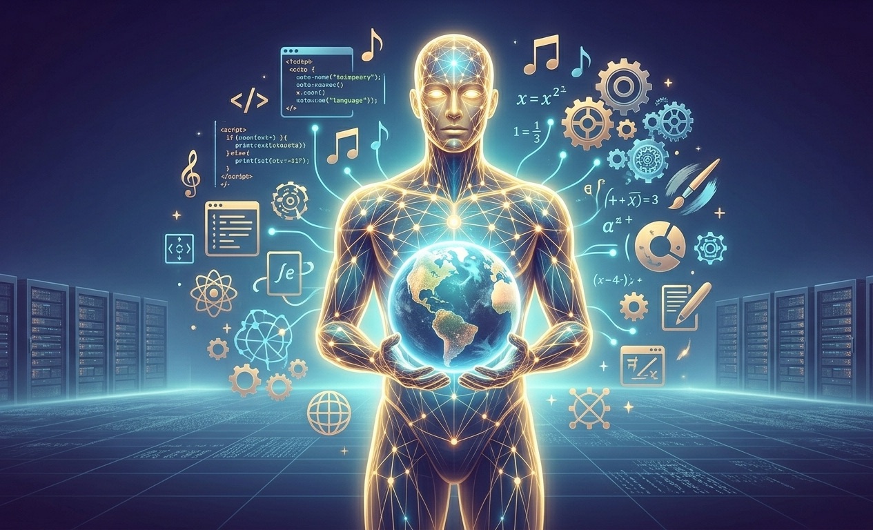 من موقع فون إسلام: شخصية بشرية متوهجة تحمل كرة أرضية، محاطة بأيقونات رقمية تمثل العلوم والموسيقى والترميز والبيانات - بما في ذلك مصطلحات الذكاء الاصطناعي - مع وجود رفوف خوادم في الخلفية.