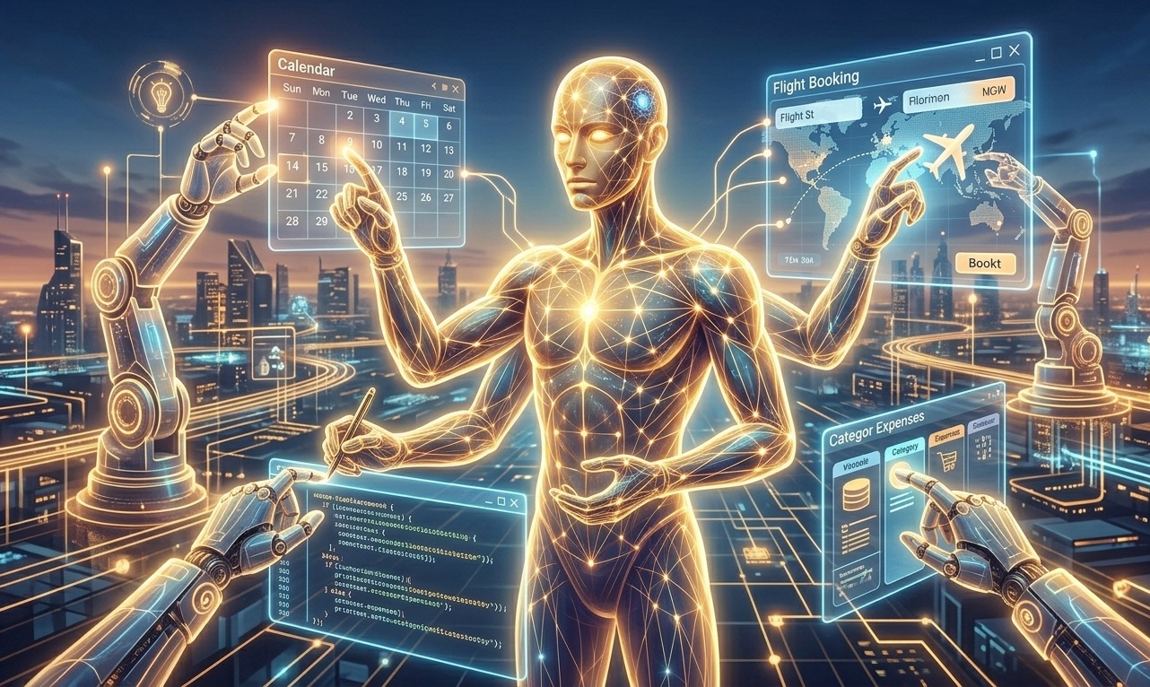 من موقع فون إسلام: تتفاعل شخصية شبيهة بالإنسان مع واجهات رقمية عائمة، بمساعدة أذرع روبوتية، تعرض التقويمات وحجوزات الرحلات الجوية والترميز وفئات النفقات في مشهد مدينة مستقبلية باستخدام مصطلحات الذكاء الاصطناعي.