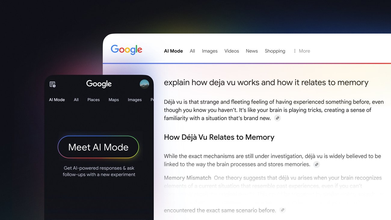 من موقع فون إسلام: يتم عرض صفحة بحث Google مع نتائج حول الديجافو والذاكرة، إلى جانب شريط جانبي داكن اللون يدعو المستخدمين إلى تجربة "وضع الذكاء الاصطناعي" للاستجابات المدعومة بالذكاء الاصطناعي المستوحاة من ابتكارات مؤتمر Google I/O 2026.