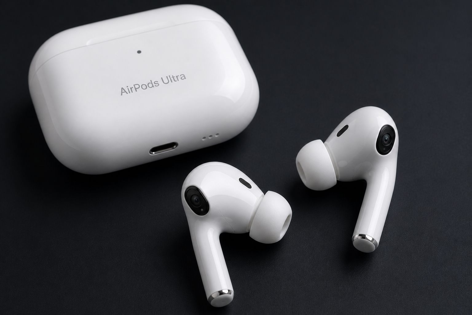 من موقع فون إسلام: علبة بيضاء أنيقة مكتوب عليها "AirPods Ultra" وزوج من سماعات الأذن اللاسلكية AirPods Ultra، ترتكز بأناقة على سطح أسود.
