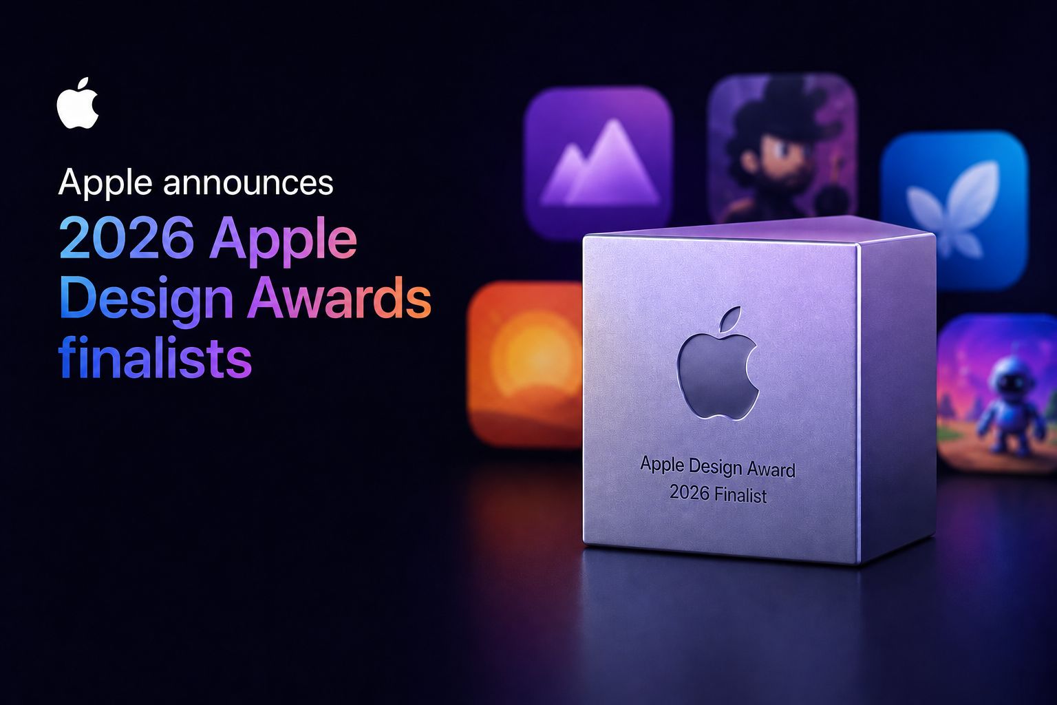 من موقع فون إسلام: يُعرض كأس فضي لجائزة Apple للتصميم لعام 2026 أمام أيقونات التطبيقات الملونة، مع نص يعلن عن المرشحين النهائيين لجائزة أفضل تصميم في عام 2026.