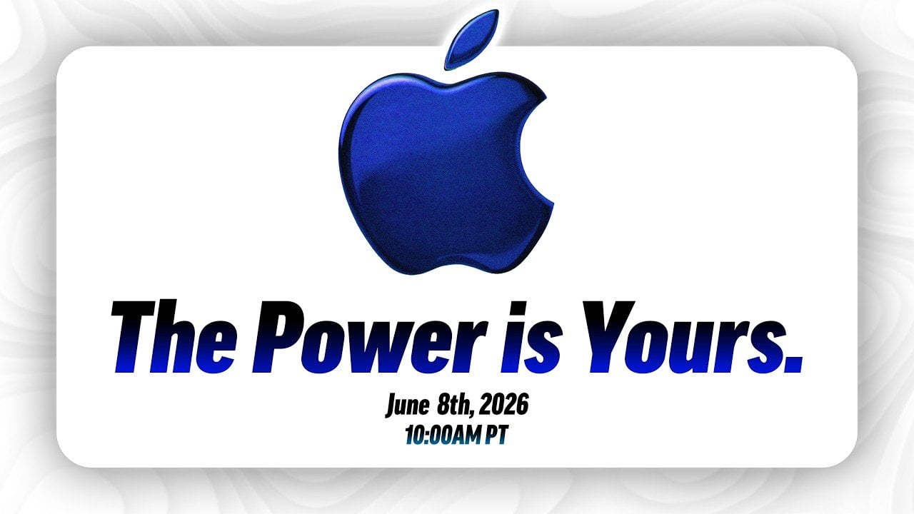 من موقع فون إسلام: شعار Apple فوق النص "القوة لك." مع تفاصيل الحدث "8 يونيو 2026، 8 يونيو 2026، الساعة 10:00 صباحًا بتوقيت المحيط الهادئ" على خلفية بيضاء.