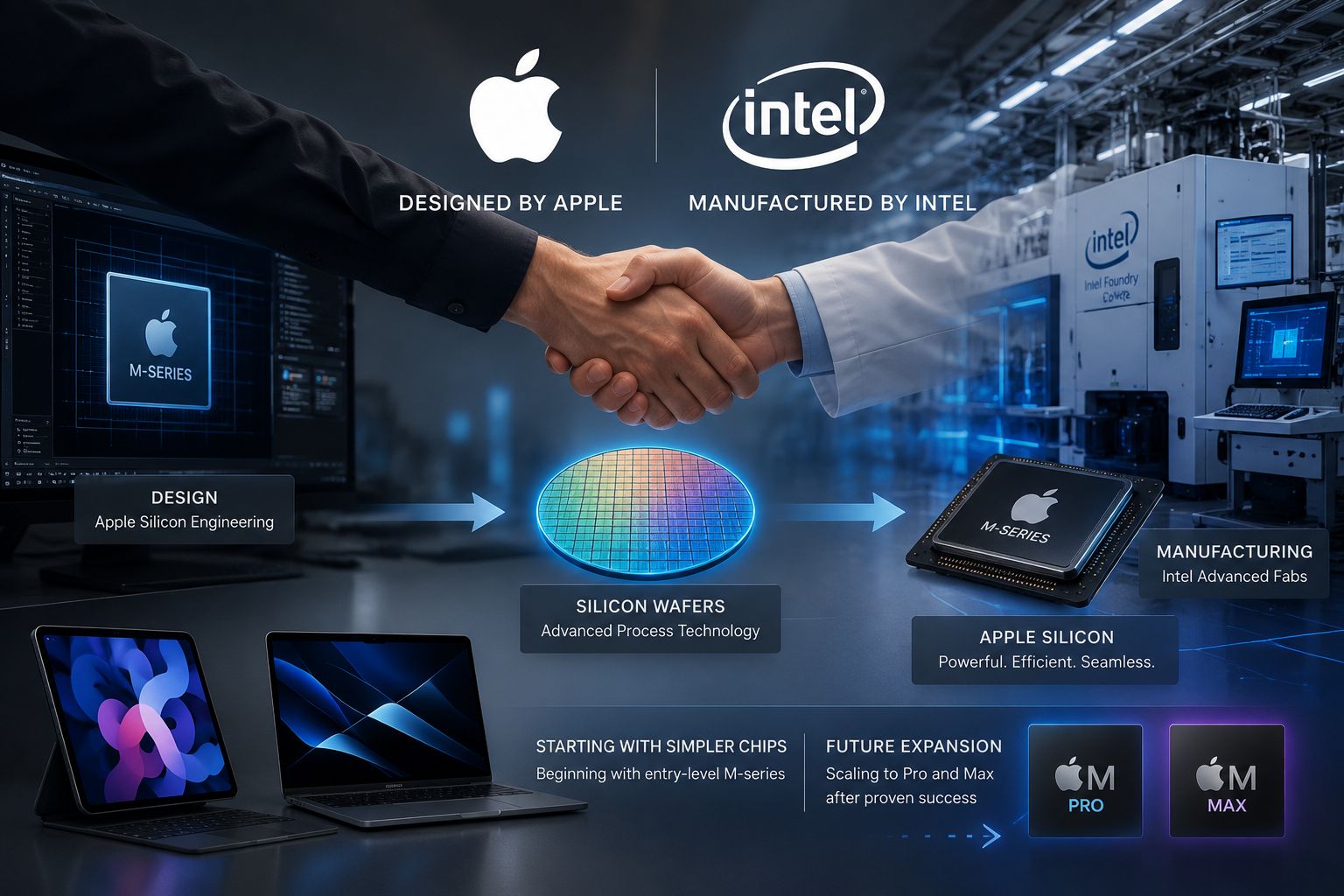 من موقع فون إسلام: شخصان يتصافحان أمام شعارات Apple وIntel، مع نص ورسومات توضيحية تشرح التعاون في تصنيع رقاقات السيليكون وأجهزة الكمبيوتر المحمولة من سلسلة M الموضحة أدناه.
