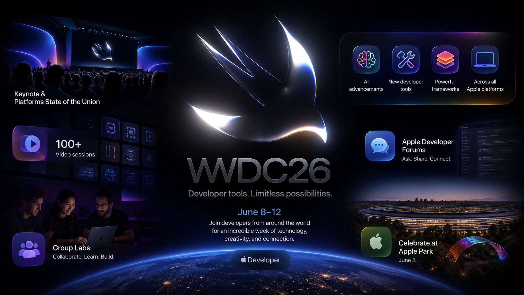 من موقع فون إسلام: صورة ترويجية لمؤتمر المطورين WWDC26، تسلط الضوء على أدوات المطورين، وأيقونات الجلسات، وتاريخ الحدث من 8 إلى 12 يونيو، بالإضافة إلى أنشطة مثل المختبرات الجماعية واحتفال Apple Park.